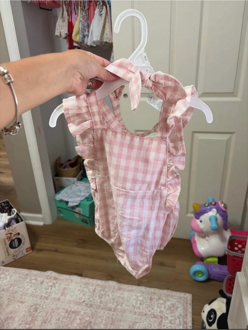 Mud Pie Pink Gingham Ruffle Tie-Shoulder One-Piece